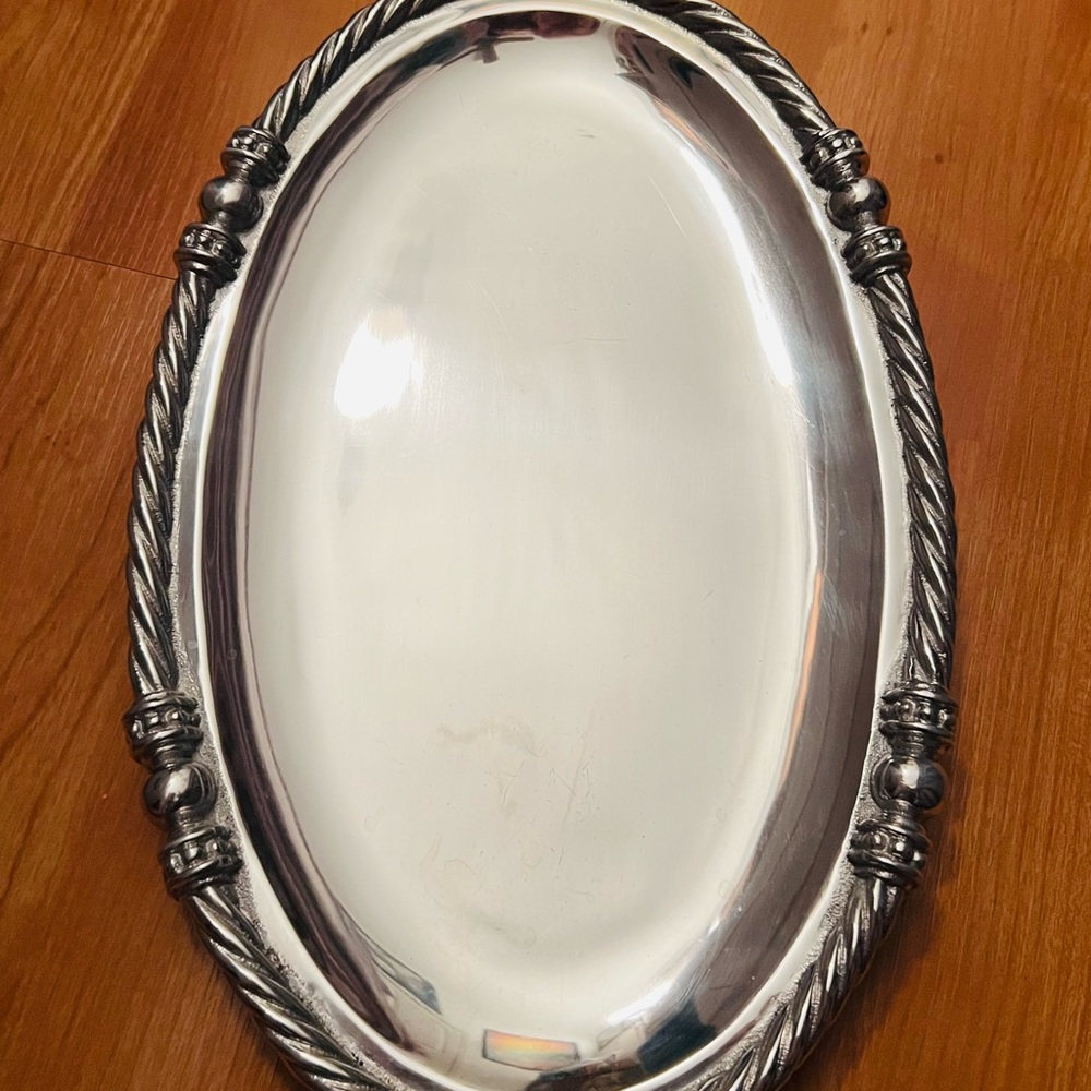 Mariposa Silver Oval Serving Platter - Swizzle pattern